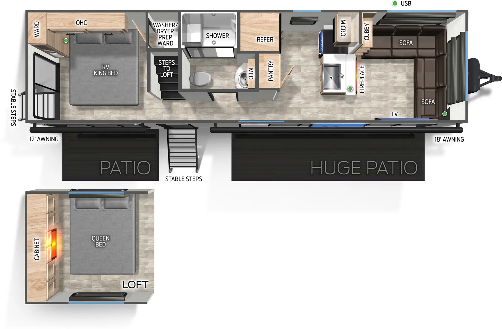 The Timberwolf 27MDK floorplan has two entries and zero slide outs. Exterior features include: metal exterior and 12' & 18' awning. Interiors features include: loft, rear bedroom, two bedrooms and front living.